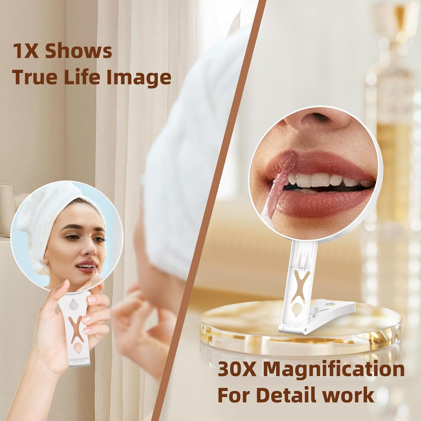 Magnifying Mirror 30X, Double Sided 30X /1X Large 5.5inch Travel Makeup Mirror, High Magnification Hand Mirror with Handle, Portable Magnified Mirror 30x with Stand for Precision Makeup Deep Cleaning