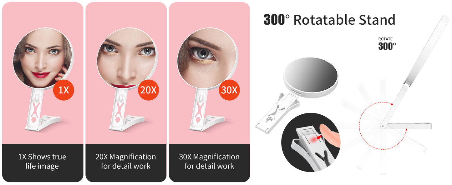 Magnifying Mirror 30X, Double Sided 30X /1X Large 5.5inch Travel Makeup Mirror, High Magnification Hand Mirror with Handle, Portable Magnified Mirror 30x with Stand for Precision Makeup Deep Cleaning