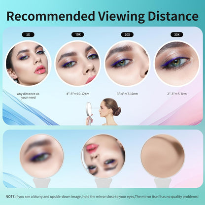 Magnifying Mirror 30X, Double Sided 30X /1X Large 5.5inch Travel Makeup Mirror, High Magnification Hand Mirror with Handle, Portable Magnified Mirror 30x with Stand for Precision Makeup Deep Cleaning