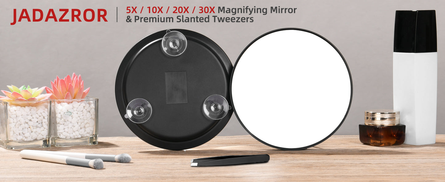 Round 30X Magnifying Mirror, 6inch Magnified Mirror with 3 Suction Cups, Compact Magnifying Mirror and Tweezers, 30X Travel Magnification Mirror for Makeup,Shaving,Blackhead Blemish Removal(Black-30X)