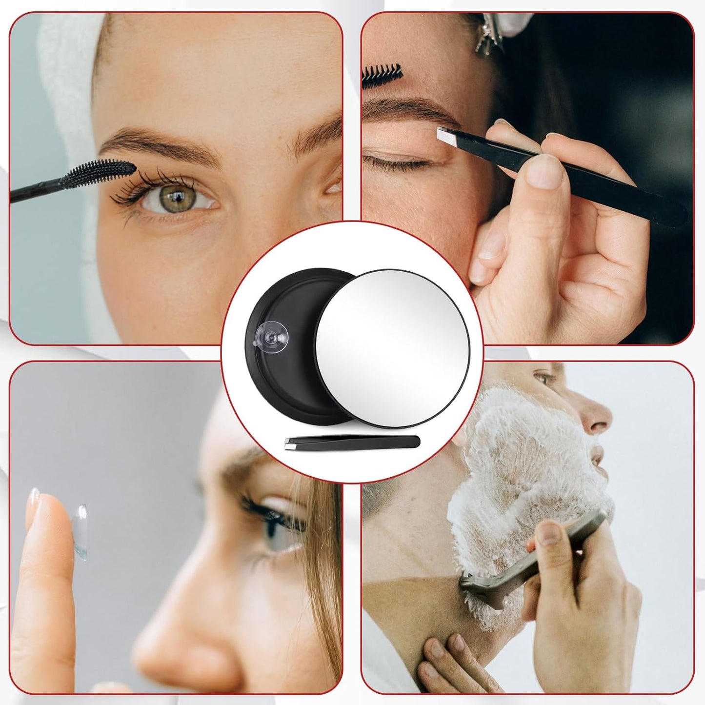 Round 30X Magnifying Mirror, 6inch Magnified Mirror with 3 Suction Cups, Compact Magnifying Mirror and Tweezers, 30X Travel Magnification Mirror for Makeup,Shaving,Blackhead Blemish Removal(Black-30X)
