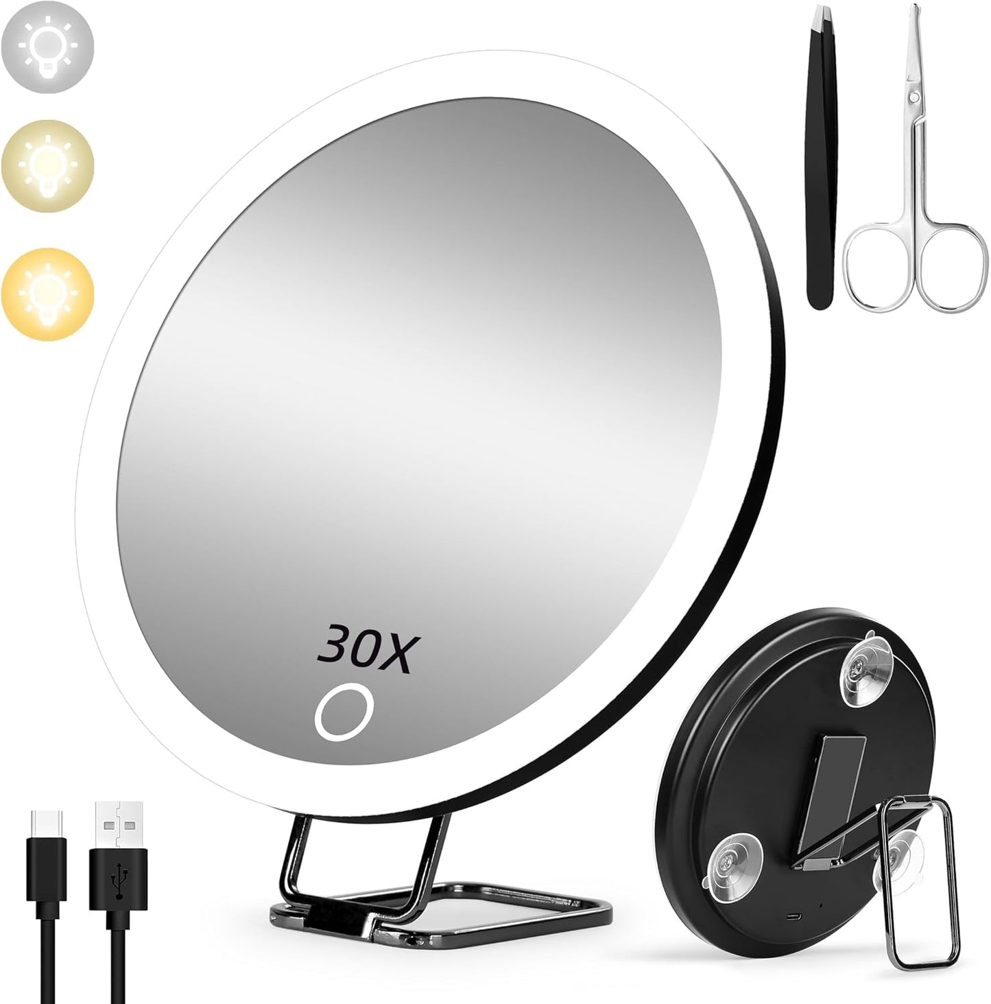 Magnifying Mirror with Light, Large 6" Rechargeable Lighted 30x Magnified Mirror with Suction Cups & Table Stand, 3 Color Modes Dimmable Light up Travel Magnifying Makeup Mirror High Magnification