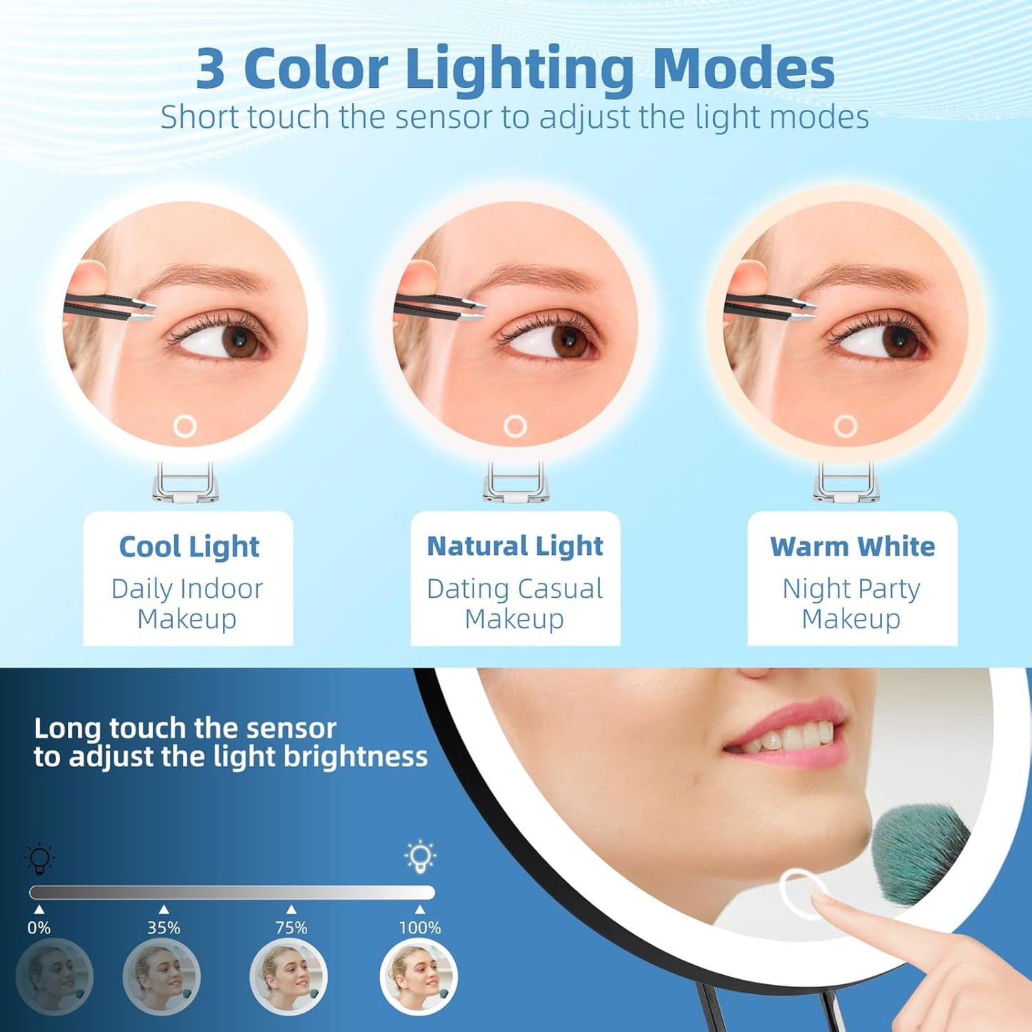 Magnifying Mirror with Light, Large 6" Rechargeable Lighted 30x Magnified Mirror with Suction Cups & Table Stand, 3 Color Modes Dimmable Light up Travel Magnifying Makeup Mirror High Magnification