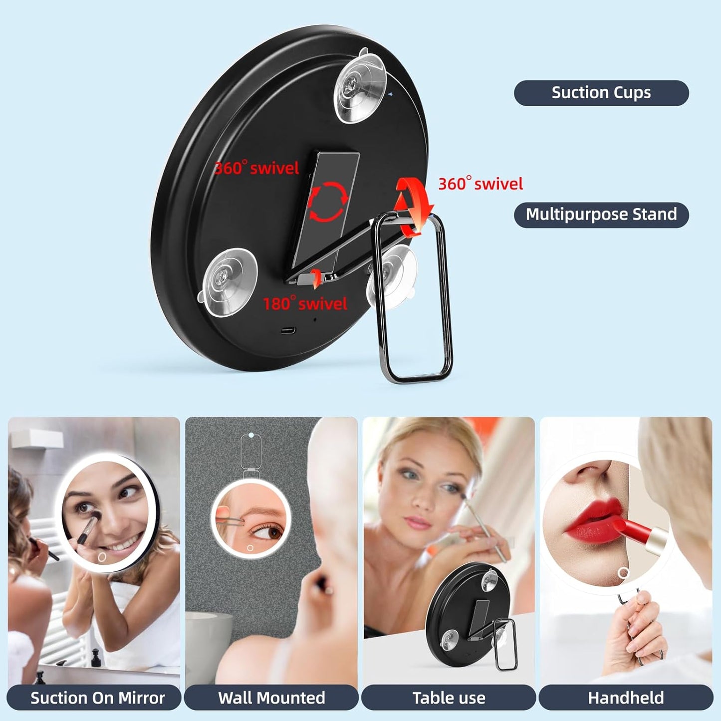 Magnifying Mirror with Light, Large 6" Rechargeable Lighted 30x Magnified Mirror with Suction Cups & Table Stand, 3 Color Modes Dimmable Light up Travel Magnifying Makeup Mirror High Magnification