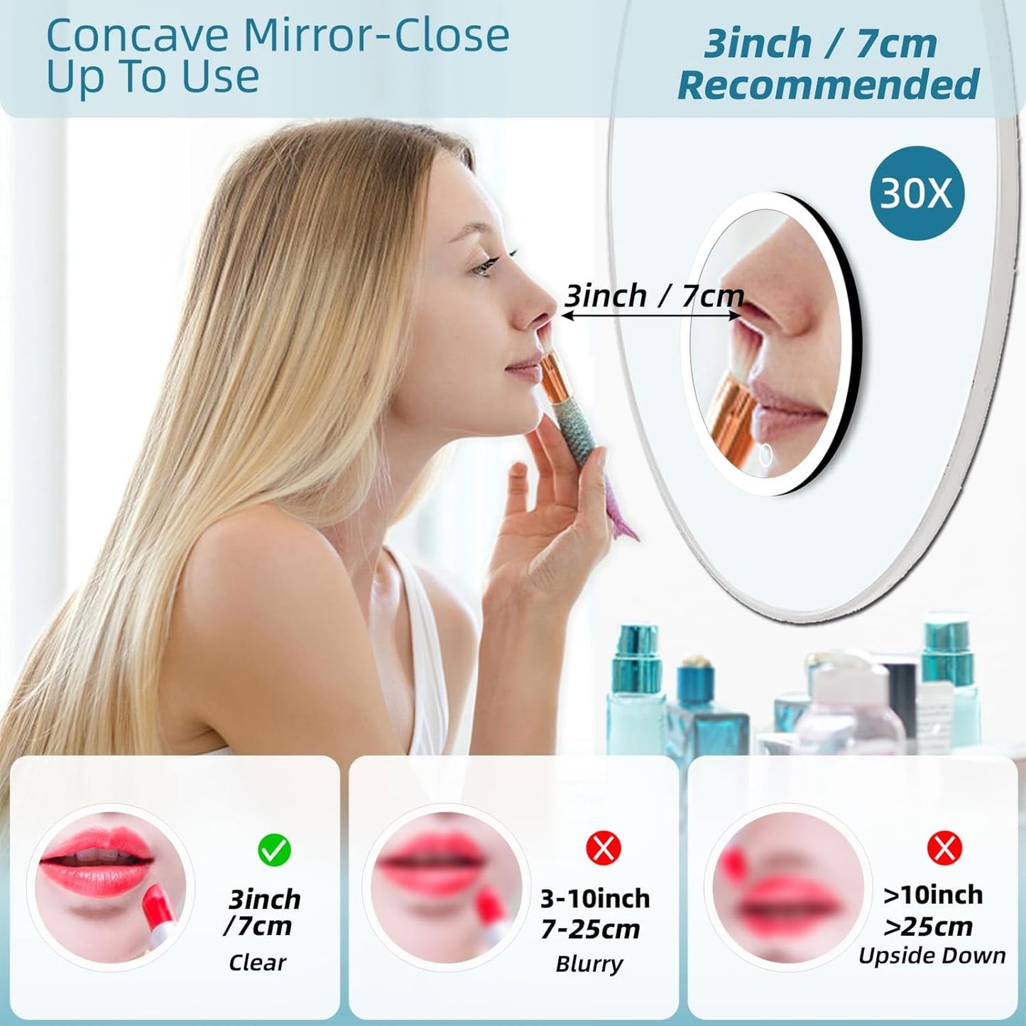 Magnifying Mirror with Light, Large 6" Rechargeable Lighted 30x Magnified Mirror with Suction Cups & Table Stand, 3 Color Modes Dimmable Light up Travel Magnifying Makeup Mirror High Magnification