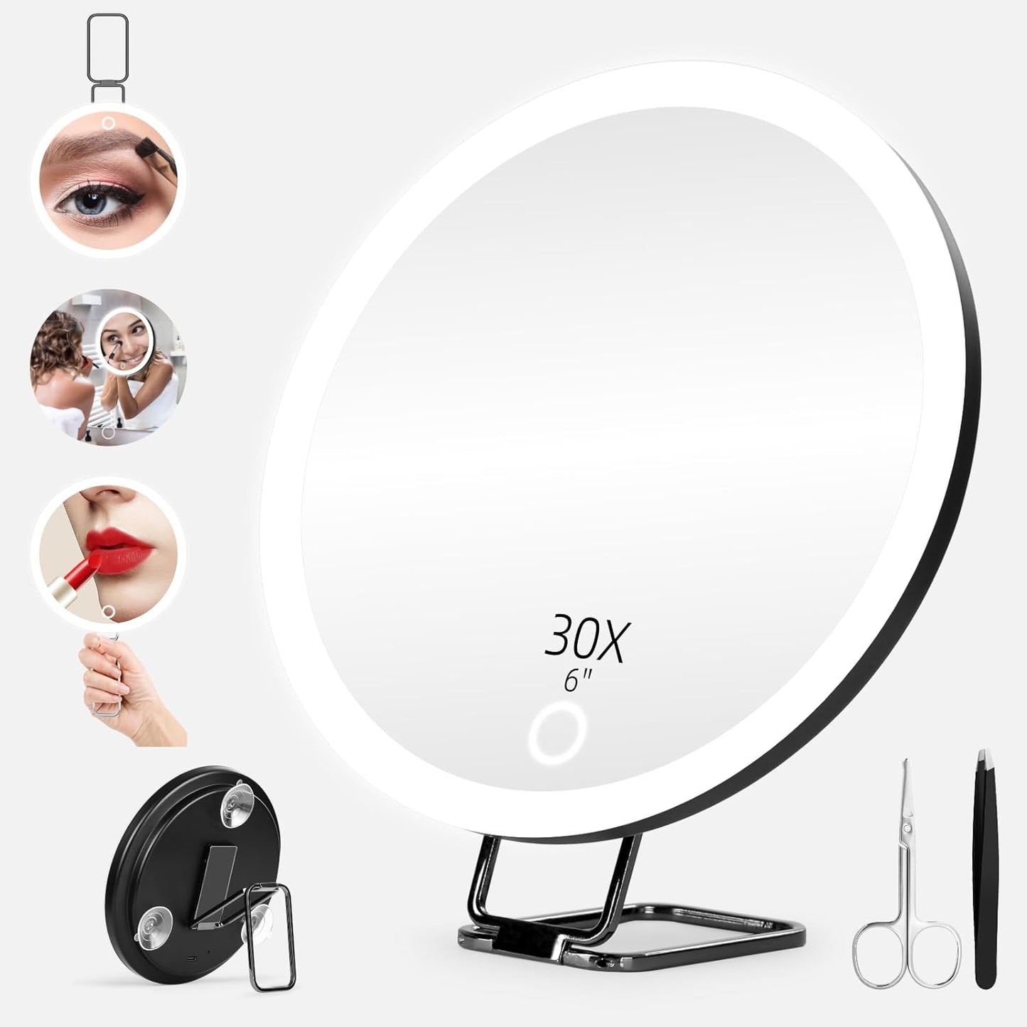 Magnifying Mirror with Light, Large 6" Rechargeable Lighted 30x Magnified Mirror with Suction Cups & Table Stand, 3 Color Modes Dimmable Light up Travel Magnifying Makeup Mirror High Magnification