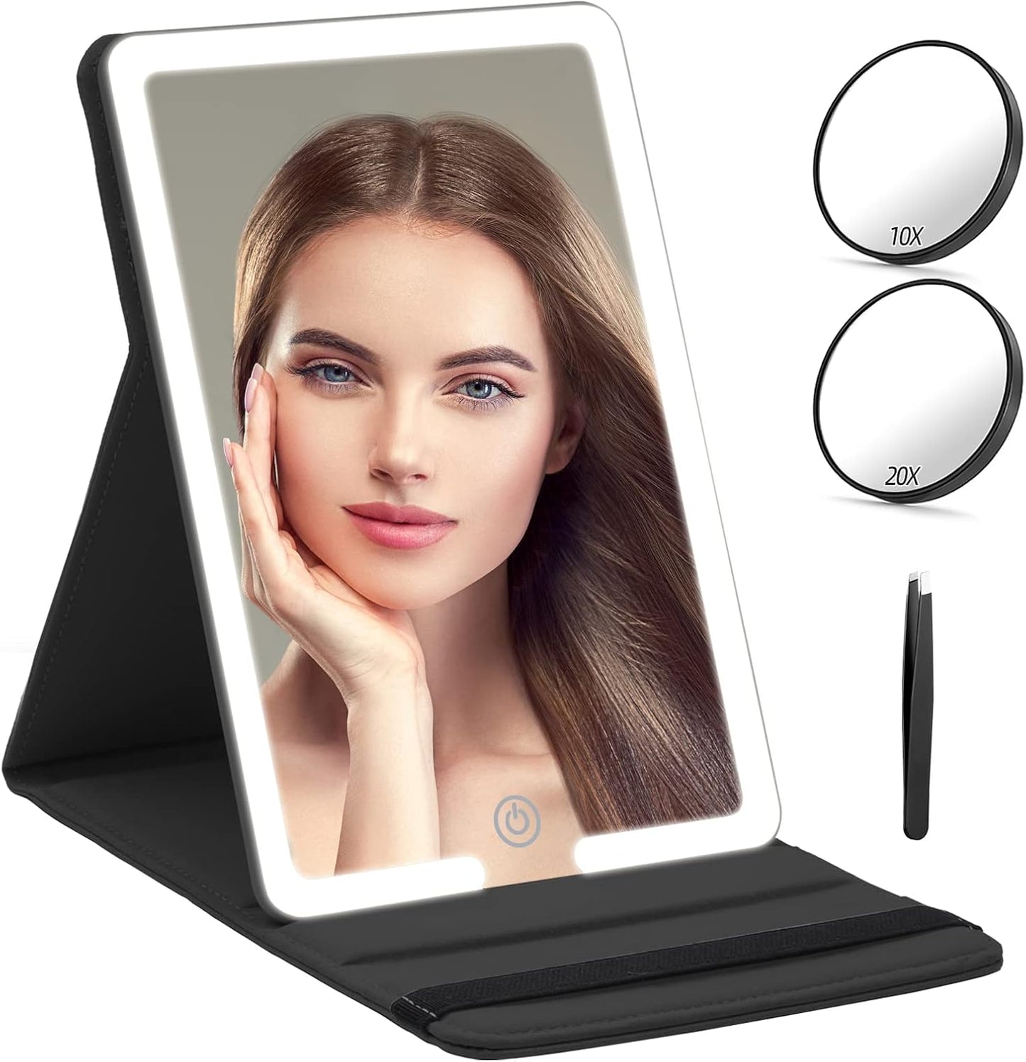 Lighted Travel Makeup Mirror with Round 10X & 20X Magnifying Mirror, PU Leather Vanity Mirror with Lights with 2000mAh Battery, LED Tabletop Cosmetic Mirror of 8 * 5.5inch