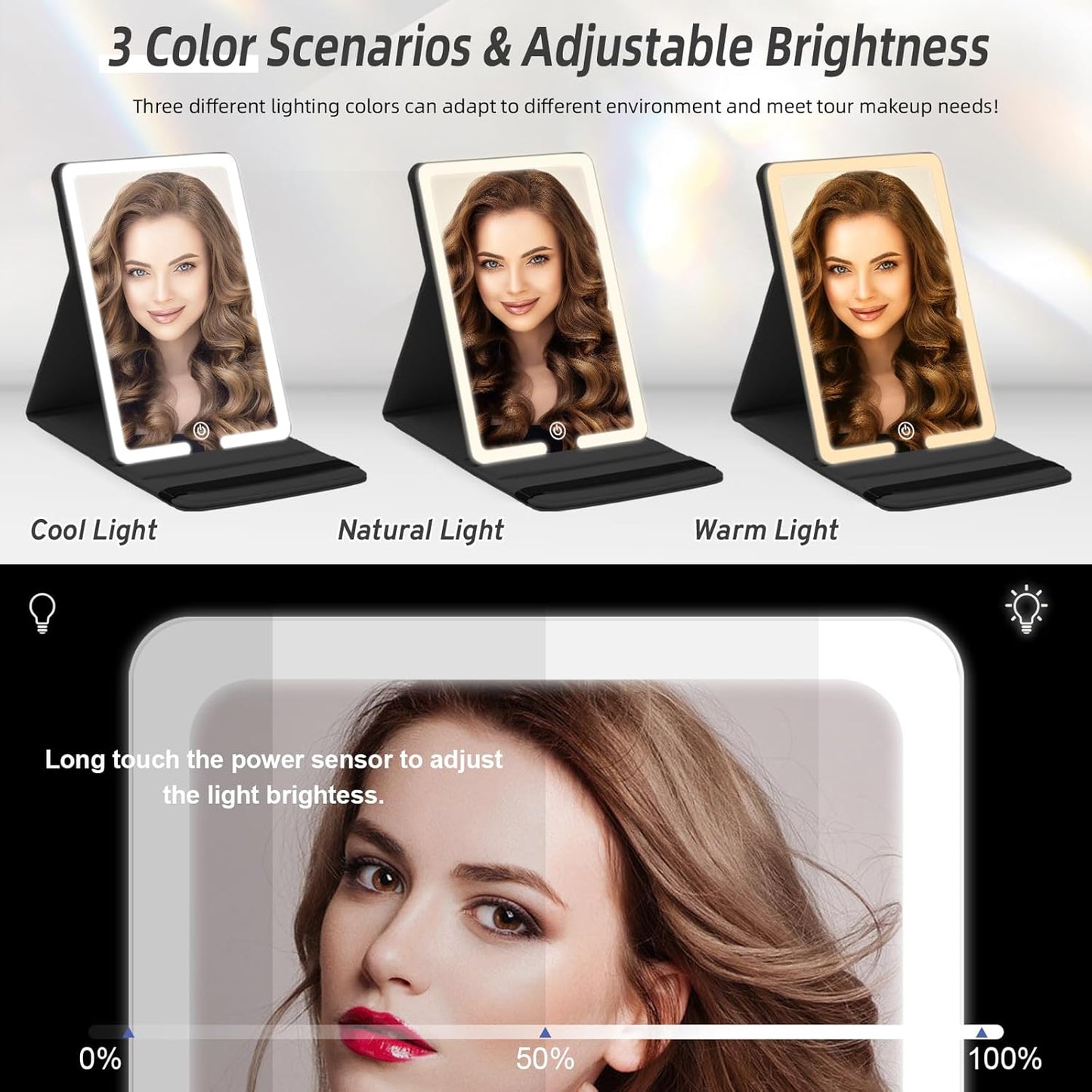 Lighted Travel Makeup Mirror with Round 10X & 20X Magnifying Mirror, PU Leather Vanity Mirror with Lights with 2000mAh Battery, LED Tabletop Cosmetic Mirror of 8 * 5.5inch