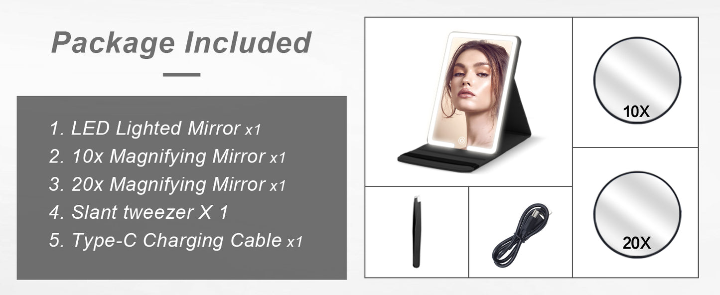 Lighted Travel Makeup Mirror with Round 10X & 20X Magnifying Mirror, PU Leather Vanity Mirror with Lights with 2000mAh Battery, LED Tabletop Cosmetic Mirror of 8 * 5.5inch