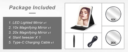 Lighted Travel Makeup Mirror with Round 10X & 20X Magnifying Mirror, PU Leather Vanity Mirror with Lights with 2000mAh Battery, LED Tabletop Cosmetic Mirror of 8 * 5.5inch
