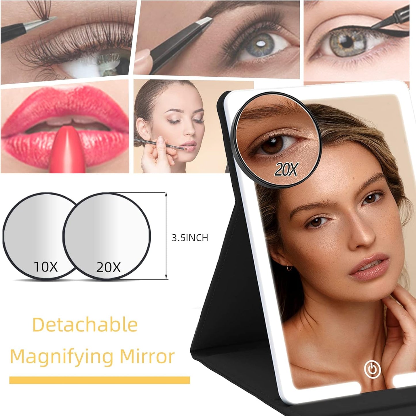 Lighted Travel Makeup Mirror with Round 10X & 20X Magnifying Mirror, PU Leather Vanity Mirror with Lights with 2000mAh Battery, LED Tabletop Cosmetic Mirror of 8 * 5.5inch