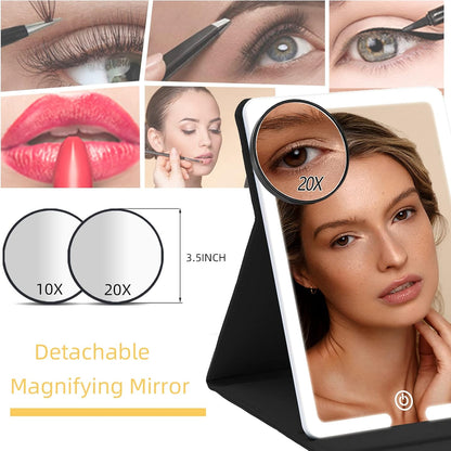 Lighted Travel Makeup Mirror with Round 10X & 20X Magnifying Mirror, PU Leather Vanity Mirror with Lights with 2000mAh Battery, LED Tabletop Cosmetic Mirror of 8 * 5.5inch