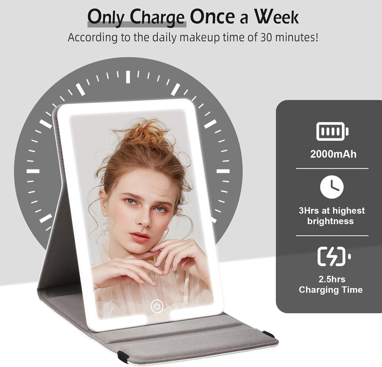 Lighted Travel Makeup Mirror with Round 10X & 20X Magnifying Mirror, PU Leather Vanity Mirror with Lights with 2000mAh Battery, LED Tabletop Cosmetic Mirror of 8 * 5.5inch