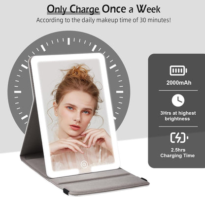 Lighted Travel Makeup Mirror with Round 10X & 20X Magnifying Mirror, PU Leather Vanity Mirror with Lights with 2000mAh Battery, LED Tabletop Cosmetic Mirror of 8 * 5.5inch