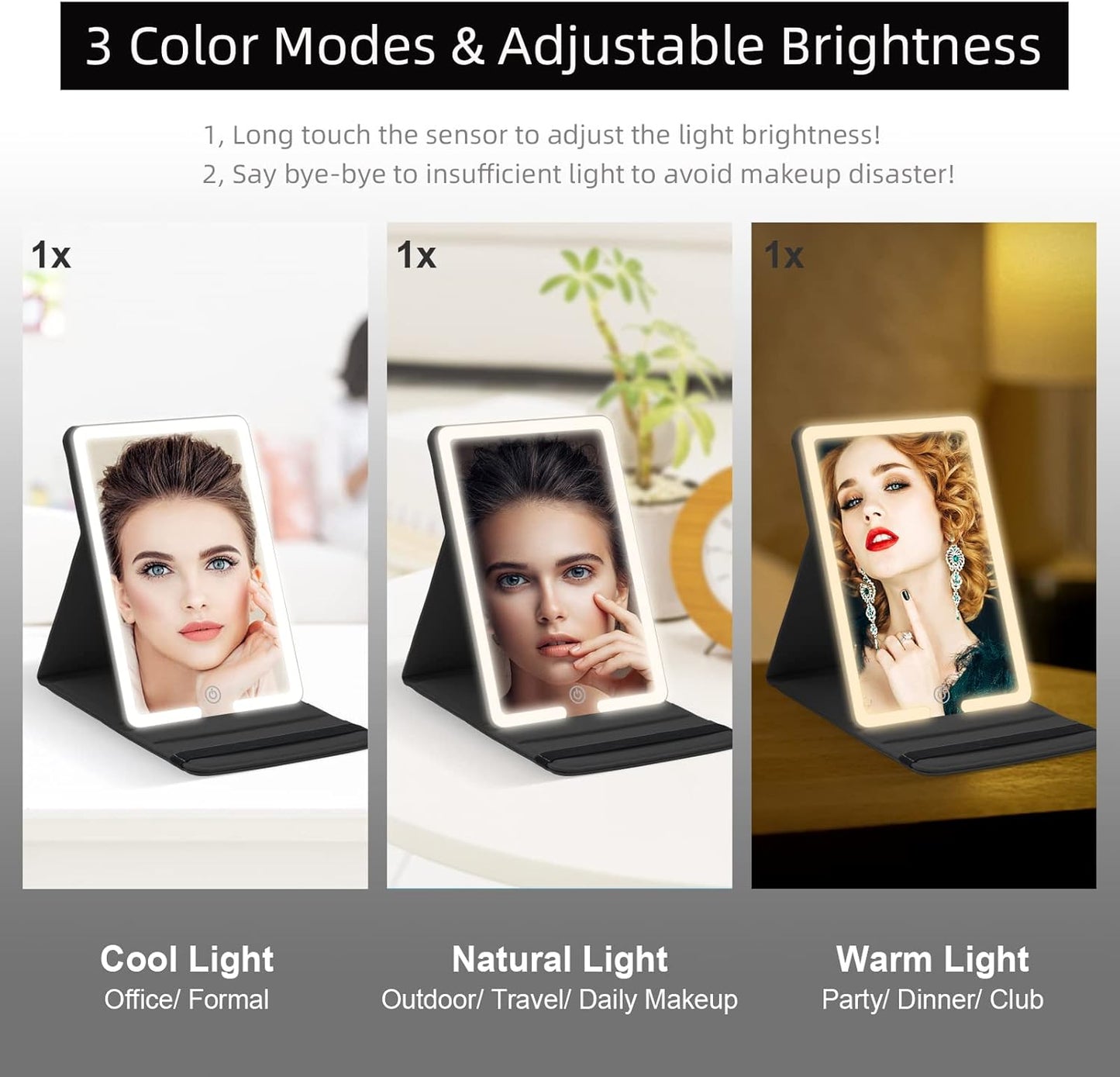 Lighted Travel Makeup Mirror with Round 10X & 20X Magnifying Mirror, PU Leather Vanity Mirror with Lights with 2000mAh Battery, LED Tabletop Cosmetic Mirror of 8 * 5.5inch