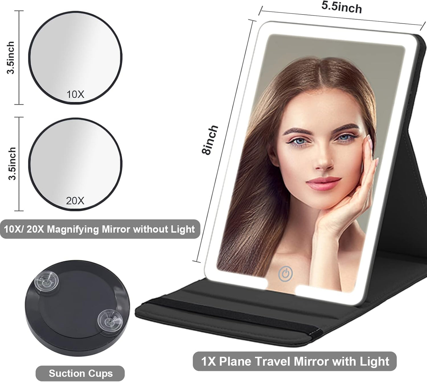 Lighted Travel Makeup Mirror with Round 10X & 20X Magnifying Mirror, PU Leather Vanity Mirror with Lights with 2000mAh Battery, LED Tabletop Cosmetic Mirror of 8 * 5.5inch