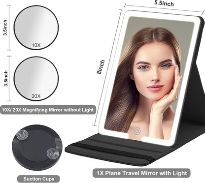 Lighted Travel Makeup Mirror with Round 10X & 20X Magnifying Mirror, PU Leather Vanity Mirror with Lights with 2000mAh Battery, LED Tabletop Cosmetic Mirror of 8 * 5.5inch