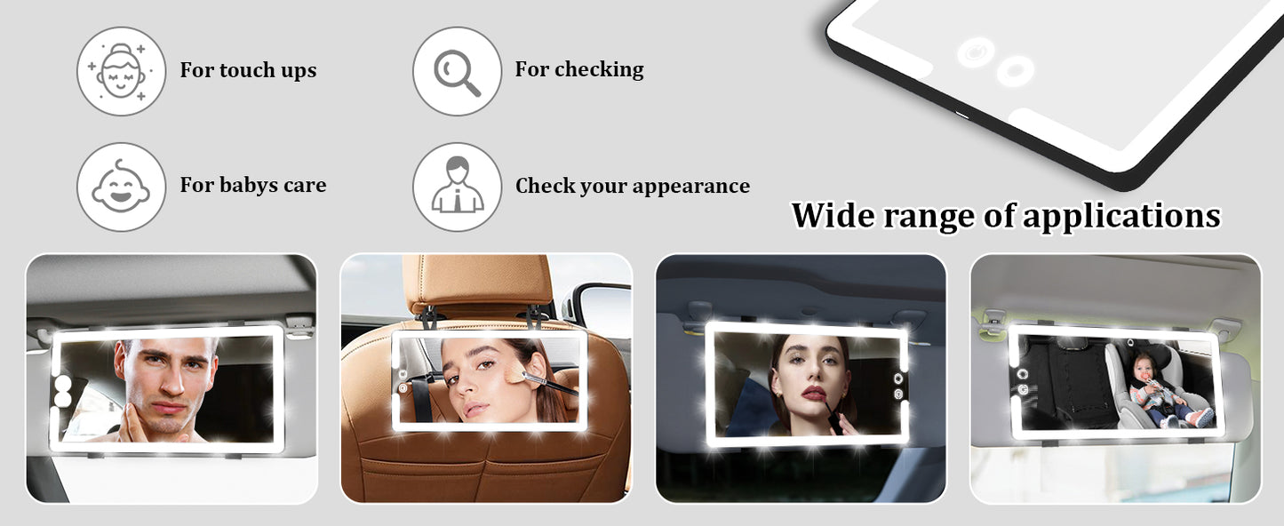 Led Car Sun Visor Vanity Mirror, Upgraded Car Mirror with Lights,Large Dimmable Light up Vanity Makeup Mirror for Car,Rechargeable Universal Rear View Mirror for Car Visor