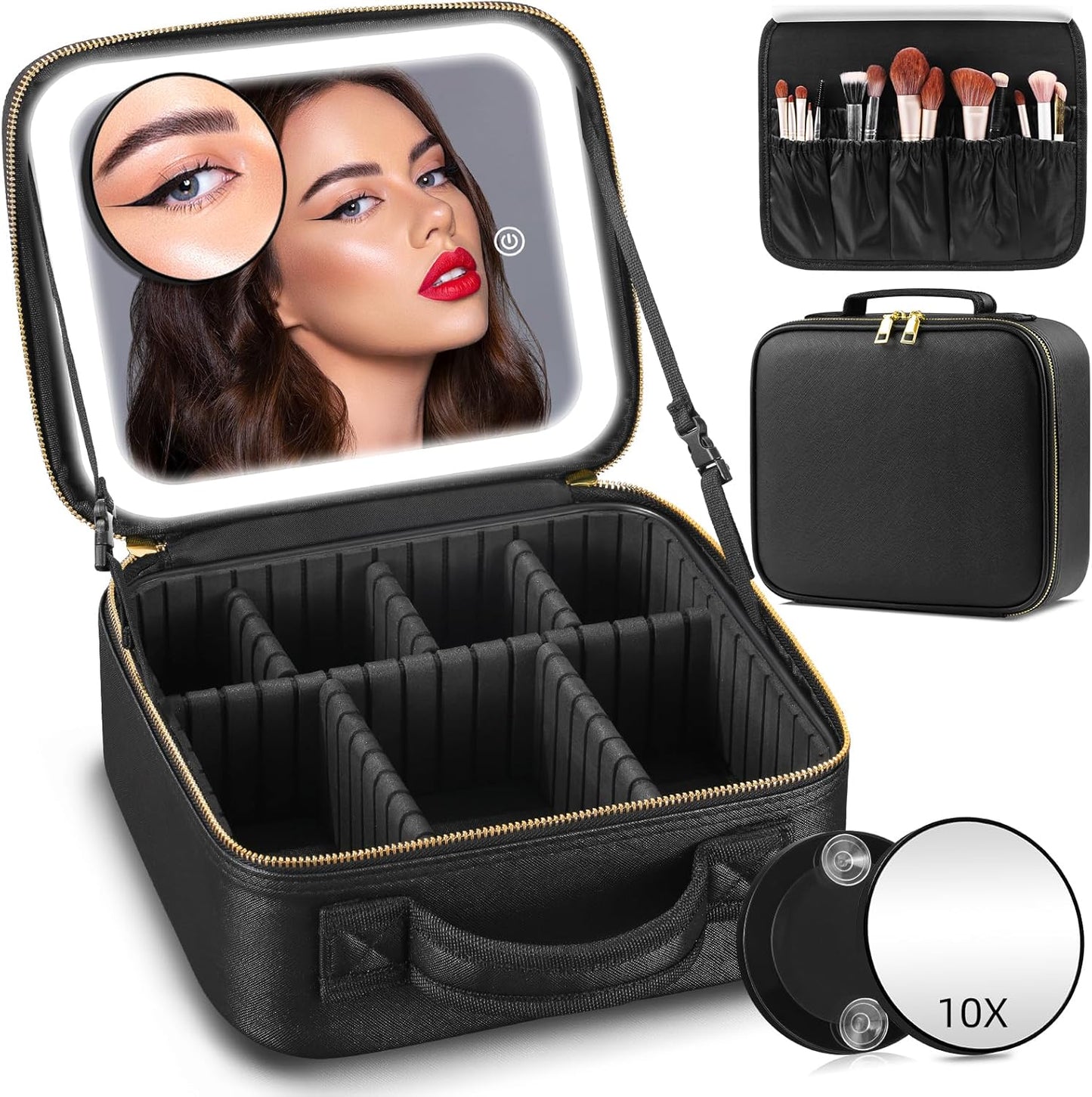 Travel Makeup Bag with Mirror of LED Lighted, Makeup Train Case with Adjustable Dividers, Makeup Case with Mirror and Detachable 10x Magnifying Mirror