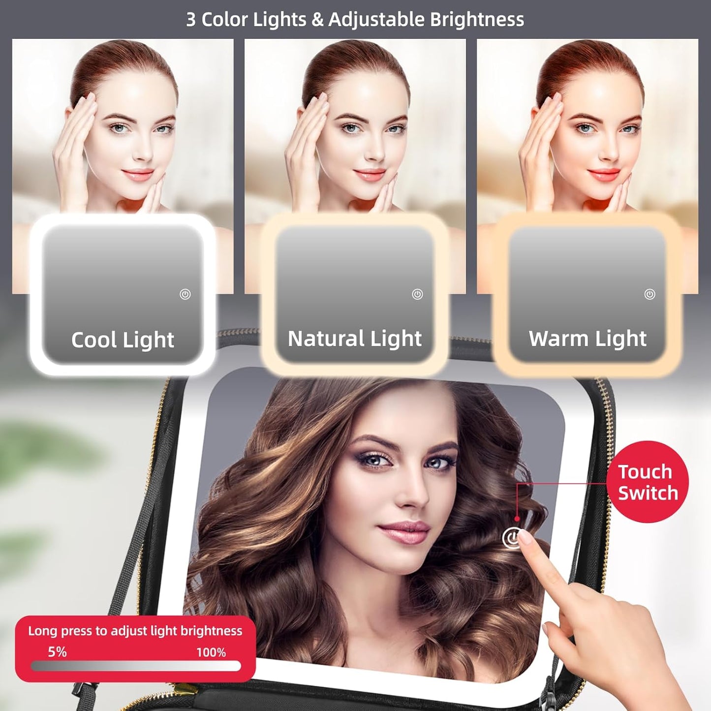 Travel Makeup Bag with Mirror of LED Lighted, Makeup Train Case with Adjustable Dividers, Makeup Case with Mirror and Detachable 10x Magnifying Mirror