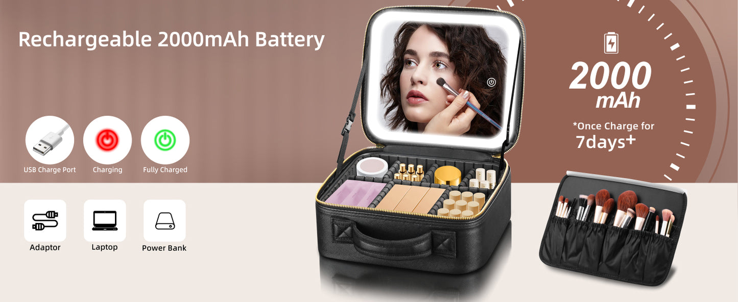 Travel Makeup Bag with Mirror of LED Lighted, Makeup Train Case with Adjustable Dividers, Makeup Case with Mirror and Detachable 10x Magnifying Mirror