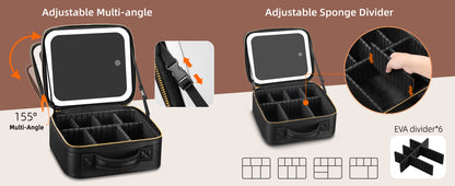 Travel Makeup Bag with Mirror of LED Lighted, Makeup Train Case with Adjustable Dividers, Makeup Case with Mirror and Detachable 10x Magnifying Mirror