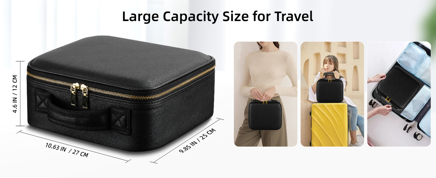 Travel Makeup Bag with Mirror of LED Lighted, Makeup Train Case with Adjustable Dividers, Makeup Case with Mirror and Detachable 10x Magnifying Mirror