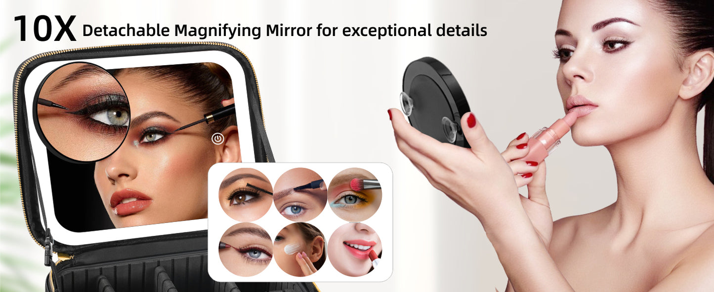 Travel Makeup Bag with Mirror of LED Lighted, Makeup Train Case with Adjustable Dividers, Makeup Case with Mirror and Detachable 10x Magnifying Mirror