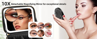 Travel Makeup Bag with Mirror of LED Lighted, Makeup Train Case with Adjustable Dividers, Makeup Case with Mirror and Detachable 10x Magnifying Mirror