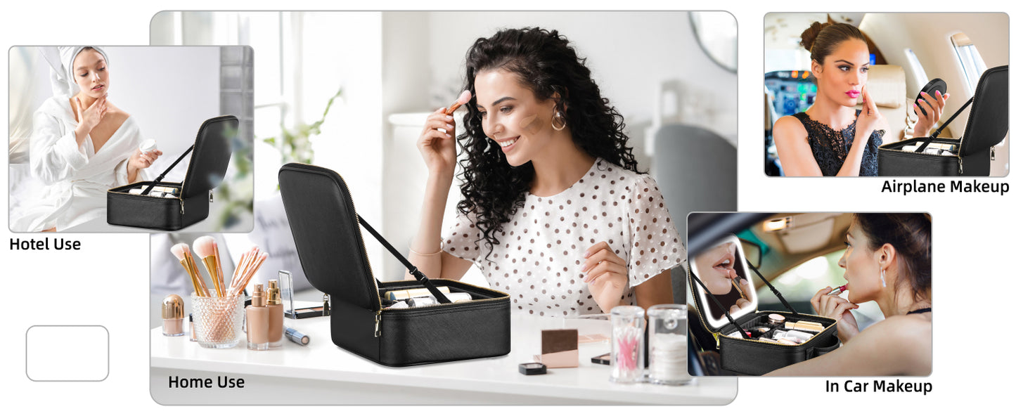 Travel Makeup Bag with Mirror of LED Lighted, Makeup Train Case with Adjustable Dividers, Makeup Case with Mirror and Detachable 10x Magnifying Mirror