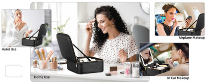 Travel Makeup Bag with Mirror of LED Lighted, Makeup Train Case with Adjustable Dividers, Makeup Case with Mirror and Detachable 10x Magnifying Mirror