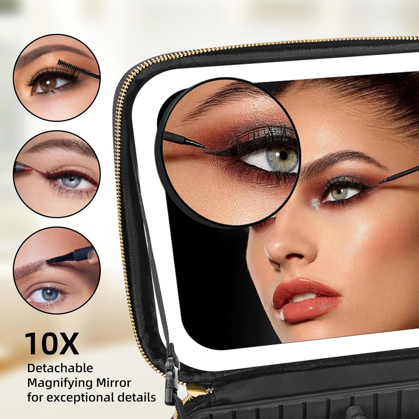 Travel Makeup Bag with Mirror of LED Lighted, Makeup Train Case with Adjustable Dividers, Makeup Case with Mirror and Detachable 10x Magnifying Mirror