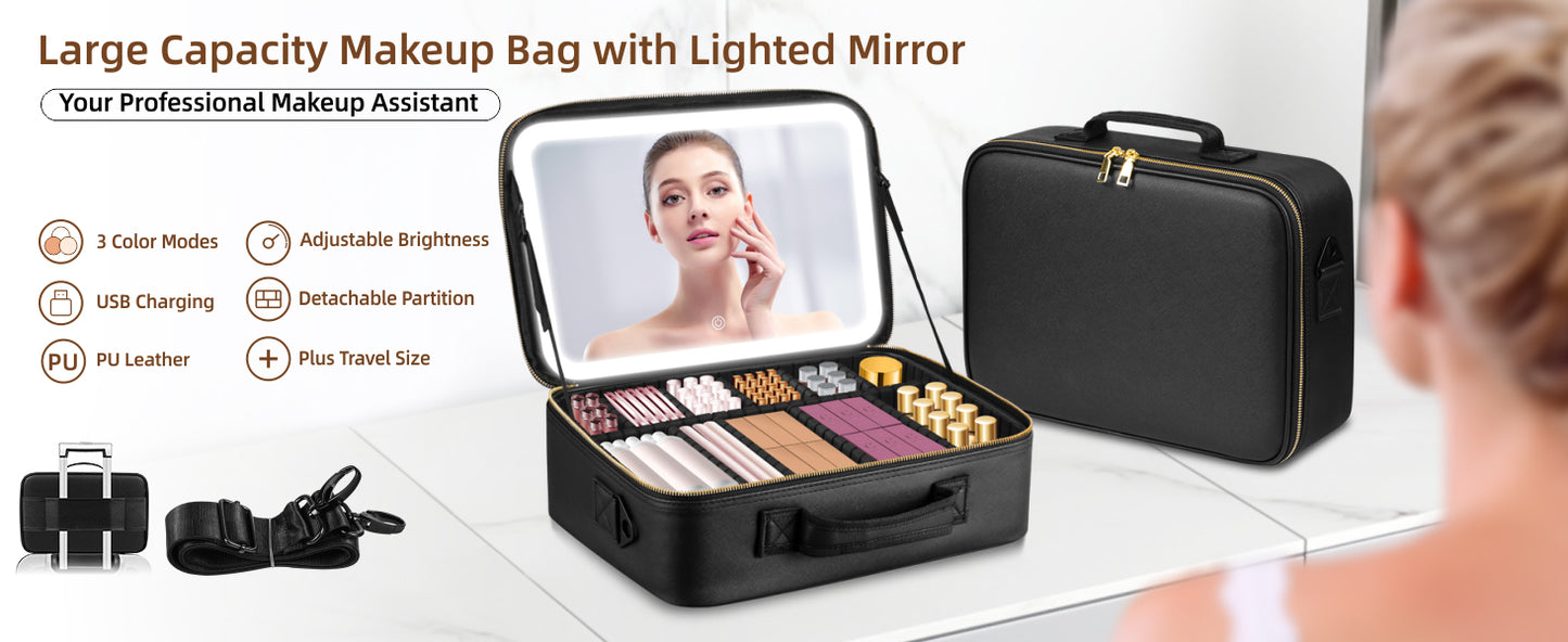 15“×11“Professional Makeup Train Case,Large Waterproof Travel Makeup bag with Mirror and Light, Leather Black Make up Bag with Mirror and Light,Led Makeup Case with Adjustable Dividers
