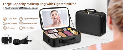 15“×11“Professional Makeup Train Case,Large Waterproof Travel Makeup bag with Mirror and Light, Leather Black Make up Bag with Mirror and Light,Led Makeup Case with Adjustable Dividers