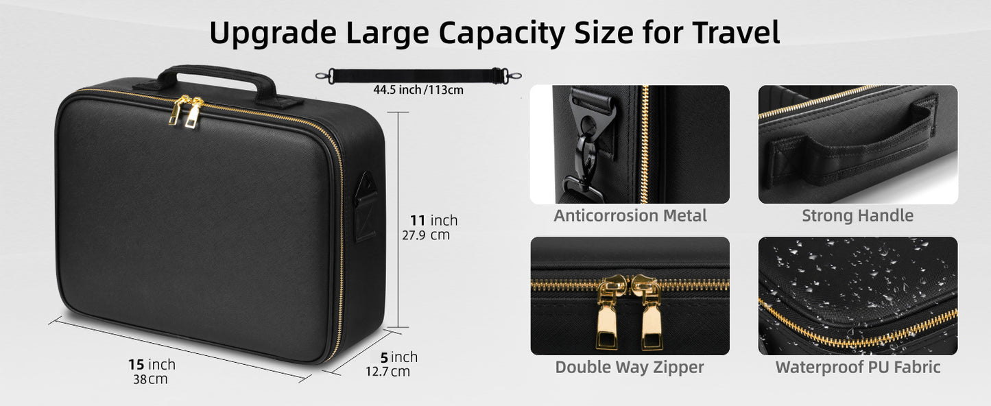 15“×11“Professional Makeup Train Case,Large Waterproof Travel Makeup bag with Mirror and Light, Leather Black Make up Bag with Mirror and Light,Led Makeup Case with Adjustable Dividers