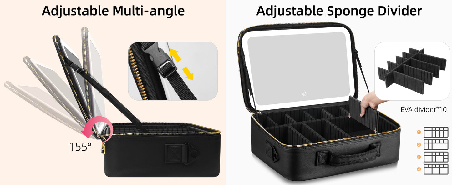15“×11“Professional Makeup Train Case,Large Waterproof Travel Makeup bag with Mirror and Light, Leather Black Make up Bag with Mirror and Light,Led Makeup Case with Adjustable Dividers