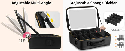 15“×11“Professional Makeup Train Case,Large Waterproof Travel Makeup bag with Mirror and Light, Leather Black Make up Bag with Mirror and Light,Led Makeup Case with Adjustable Dividers