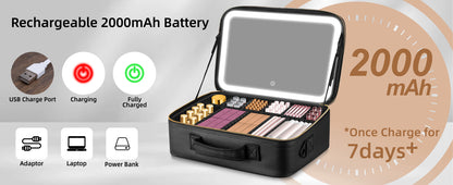 15“×11“Professional Makeup Train Case,Large Waterproof Travel Makeup bag with Mirror and Light, Leather Black Make up Bag with Mirror and Light,Led Makeup Case with Adjustable Dividers