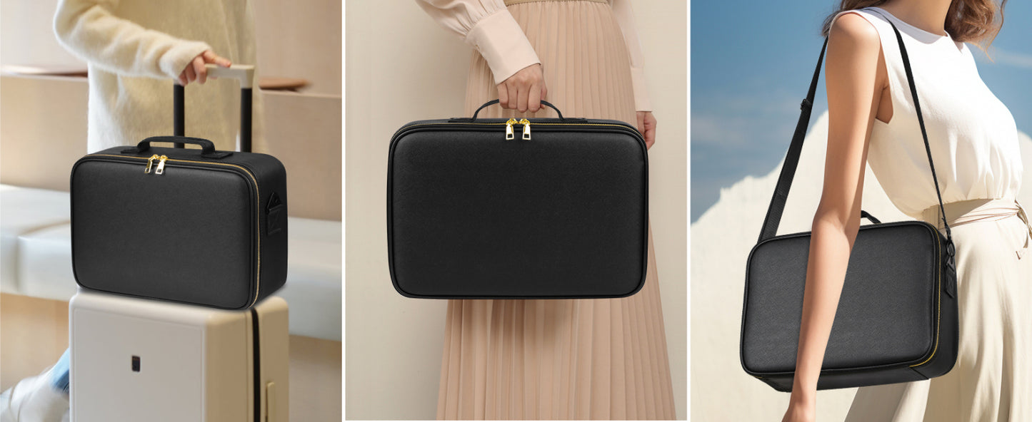 15“×11“Professional Makeup Train Case,Large Waterproof Travel Makeup bag with Mirror and Light, Leather Black Make up Bag with Mirror and Light,Led Makeup Case with Adjustable Dividers