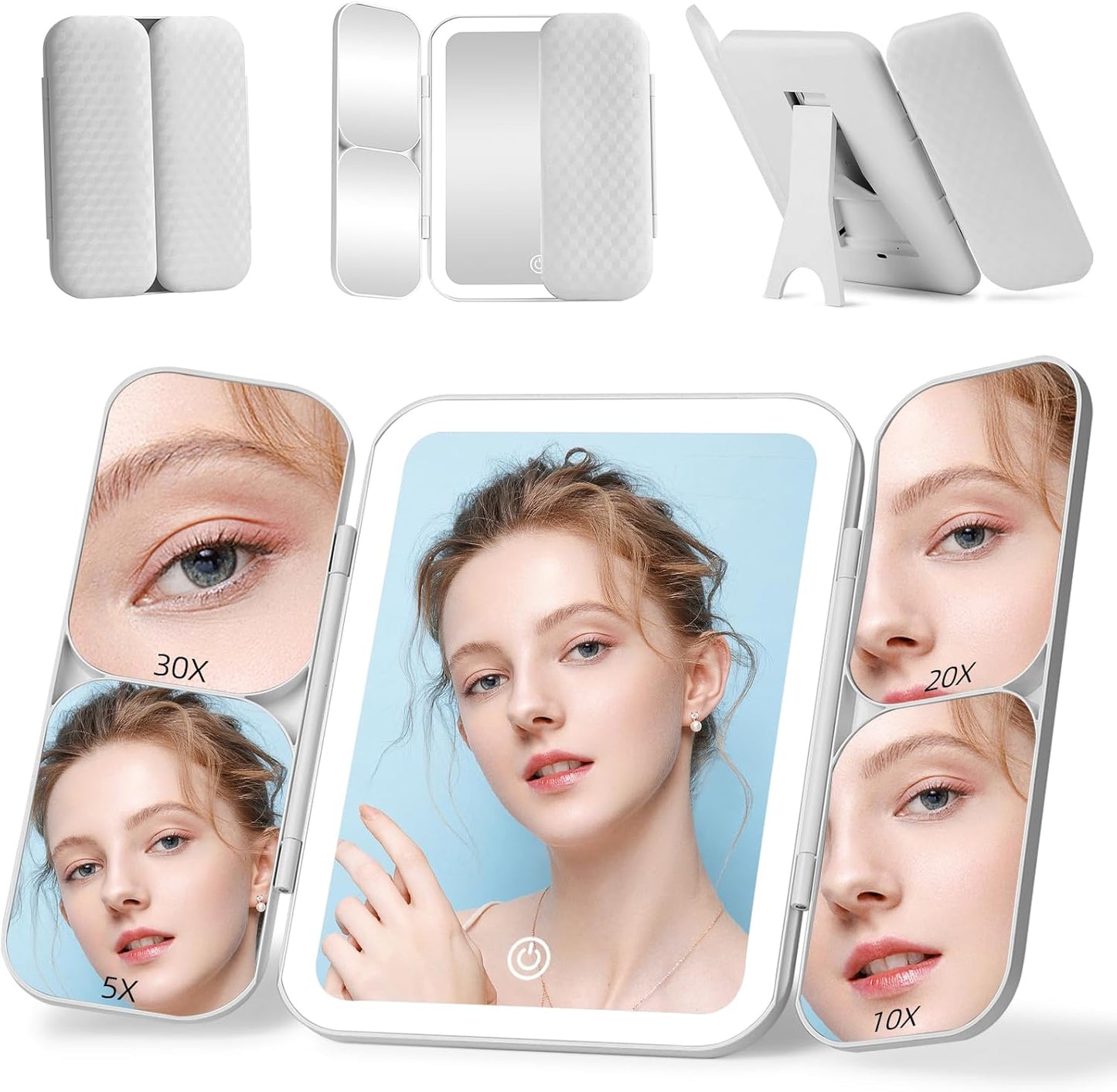 Tri-fold Vanity Mirror with Light,1X/5X/10X/20X/30X Makeup Magnifying Mirror with Lights,Rechargeable Travel Makeup Mirror with Foldable Stand,Dimmable in 3 Colors,Touch Control