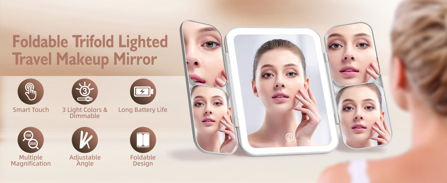 Tri-fold Vanity Mirror with Light,1X/5X/10X/20X/30X Makeup Magnifying Mirror with Lights,Rechargeable Travel Makeup Mirror with Foldable Stand,Dimmable in 3 Colors,Touch Control