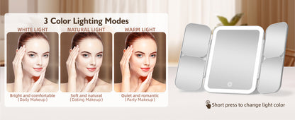 Tri-fold Vanity Mirror with Light,1X/5X/10X/20X/30X Makeup Magnifying Mirror with Lights,Rechargeable Travel Makeup Mirror with Foldable Stand,Dimmable in 3 Colors,Touch Control