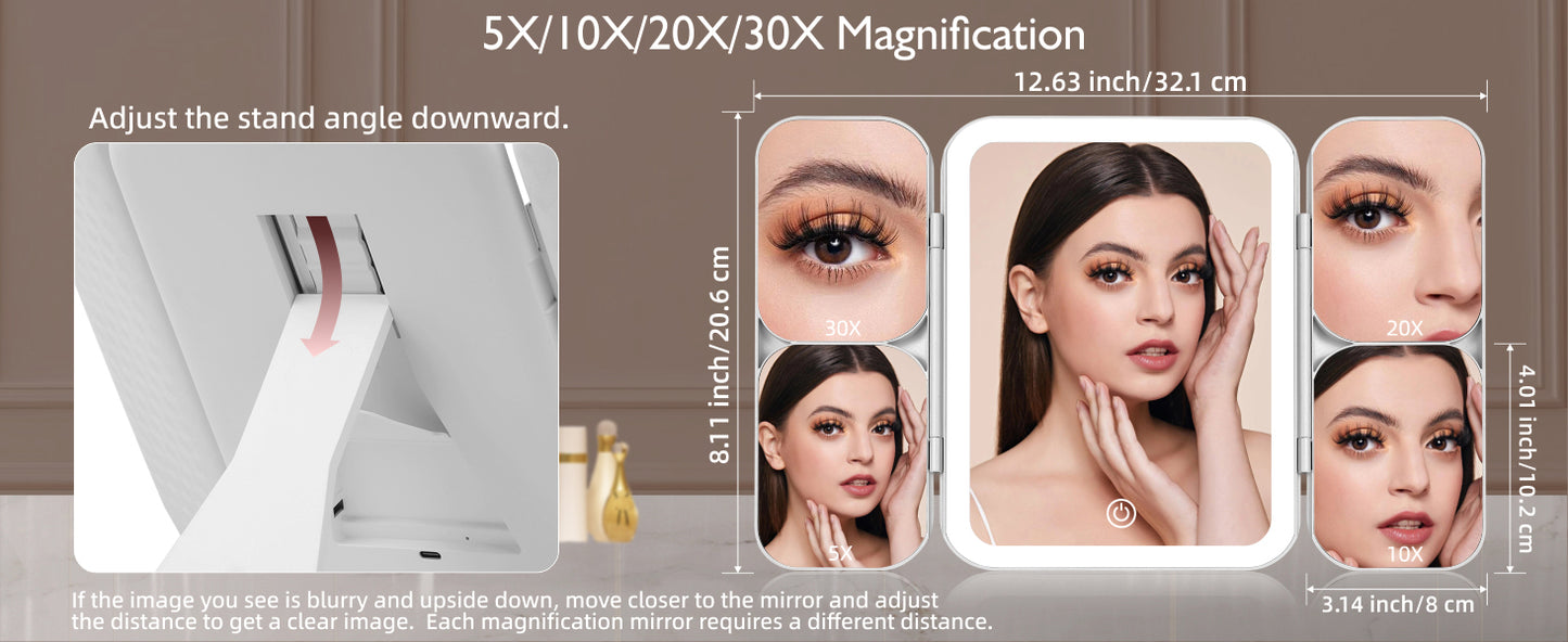 Tri-fold Vanity Mirror with Light,1X/5X/10X/20X/30X Makeup Magnifying Mirror with Lights,Rechargeable Travel Makeup Mirror with Foldable Stand,Dimmable in 3 Colors,Touch Control
