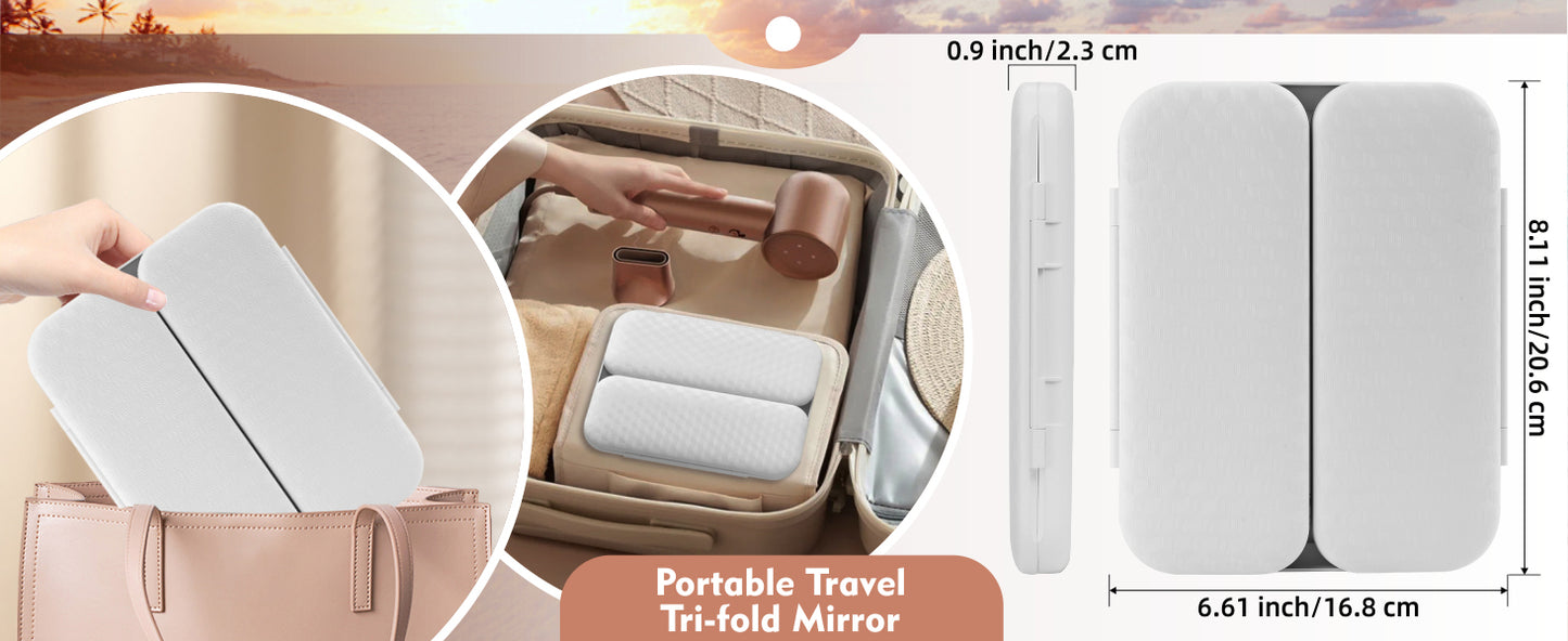 Tri-fold Vanity Mirror with Light,1X/5X/10X/20X/30X Makeup Magnifying Mirror with Lights,Rechargeable Travel Makeup Mirror with Foldable Stand,Dimmable in 3 Colors,Touch Control