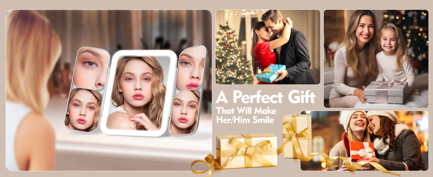 Tri-fold Vanity Mirror with Light,1X/5X/10X/20X/30X Makeup Magnifying Mirror with Lights,Rechargeable Travel Makeup Mirror with Foldable Stand,Dimmable in 3 Colors,Touch Control