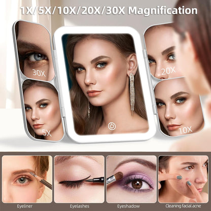 Tri-fold Vanity Mirror with Light,1X/5X/10X/20X/30X Makeup Magnifying Mirror with Lights,Rechargeable Travel Makeup Mirror with Foldable Stand,Dimmable in 3 Colors,Touch Control
