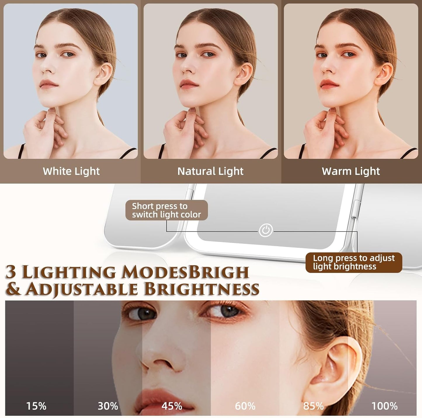 Tri-fold Vanity Mirror with Light,1X/5X/10X/20X/30X Makeup Magnifying Mirror with Lights,Rechargeable Travel Makeup Mirror with Foldable Stand,Dimmable in 3 Colors,Touch Control