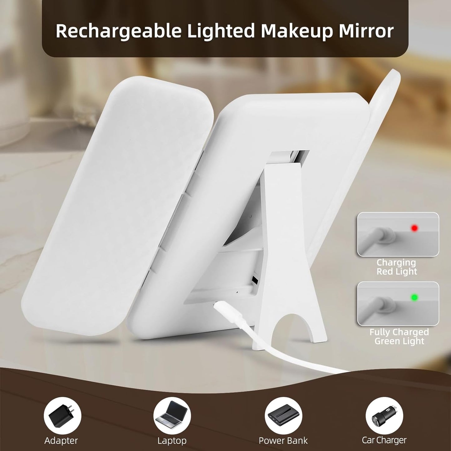 Tri-fold Vanity Mirror with Light,1X/5X/10X/20X/30X Makeup Magnifying Mirror with Lights,Rechargeable Travel Makeup Mirror with Foldable Stand,Dimmable in 3 Colors,Touch Control