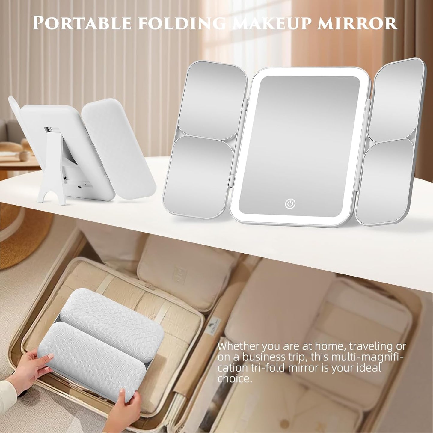 Tri-fold Vanity Mirror with Light,1X/5X/10X/20X/30X Makeup Magnifying Mirror with Lights,Rechargeable Travel Makeup Mirror with Foldable Stand,Dimmable in 3 Colors,Touch Control